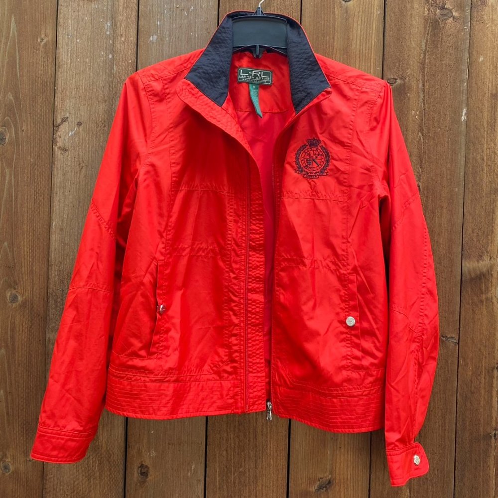L-RL Active red rain jacket // silver accents // embroidered crest // sz M